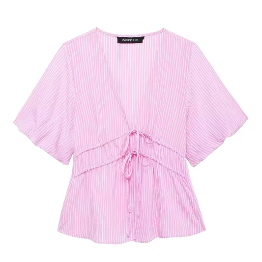 Light Pink Striped Bow Lace-Up Short Sleeve Blouse Top