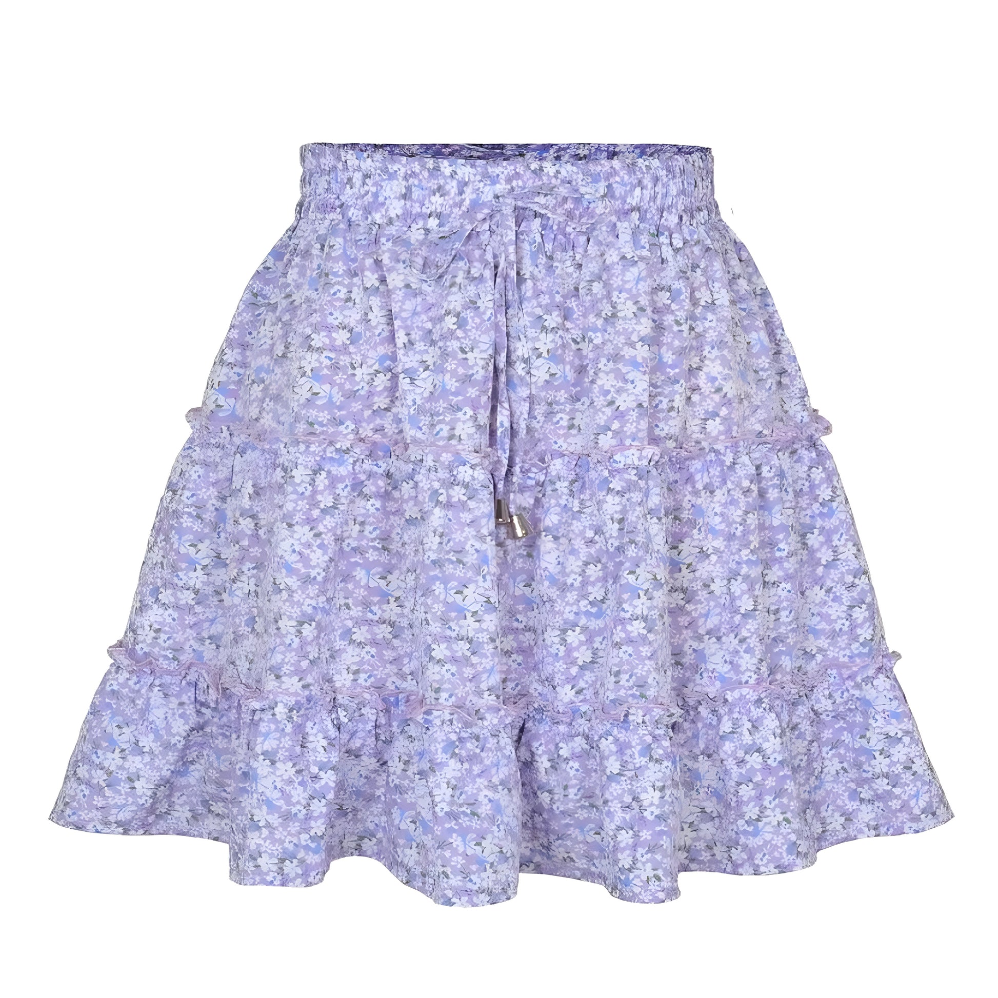 floral-print-light-purple-and-white-lavender-daisy-flower-patterned-layered-ruffle-trim-draw-string-tie-fitted-waist-smocked-mid-high-rise-waisted-flowy-boho-tullie-linen-tiered-short-mini-skirt-women-ladies-chic-trendy-spring-2024-summer-elegant-casual-feminine-preppy-style-zara-altard-state-urban-outfitters-brandy-melville-princess-polly