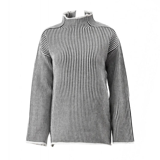 White Pinstriped Turtleneck Pinstriped Chunky Knit Sweater
