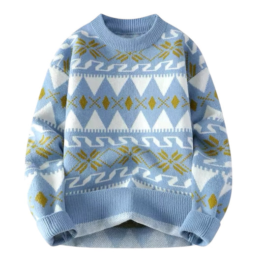 Light Blue Knit Geometric Snowflake Long Sleeve Pullover Sweater