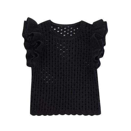 Black Knit Crochet Ruffle Sleeve Blouse Top
