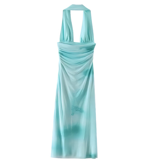 Sea Foam Blue Tie-Dye Bodycon Ruched Sleeveless Halter Backless Maxi Dress