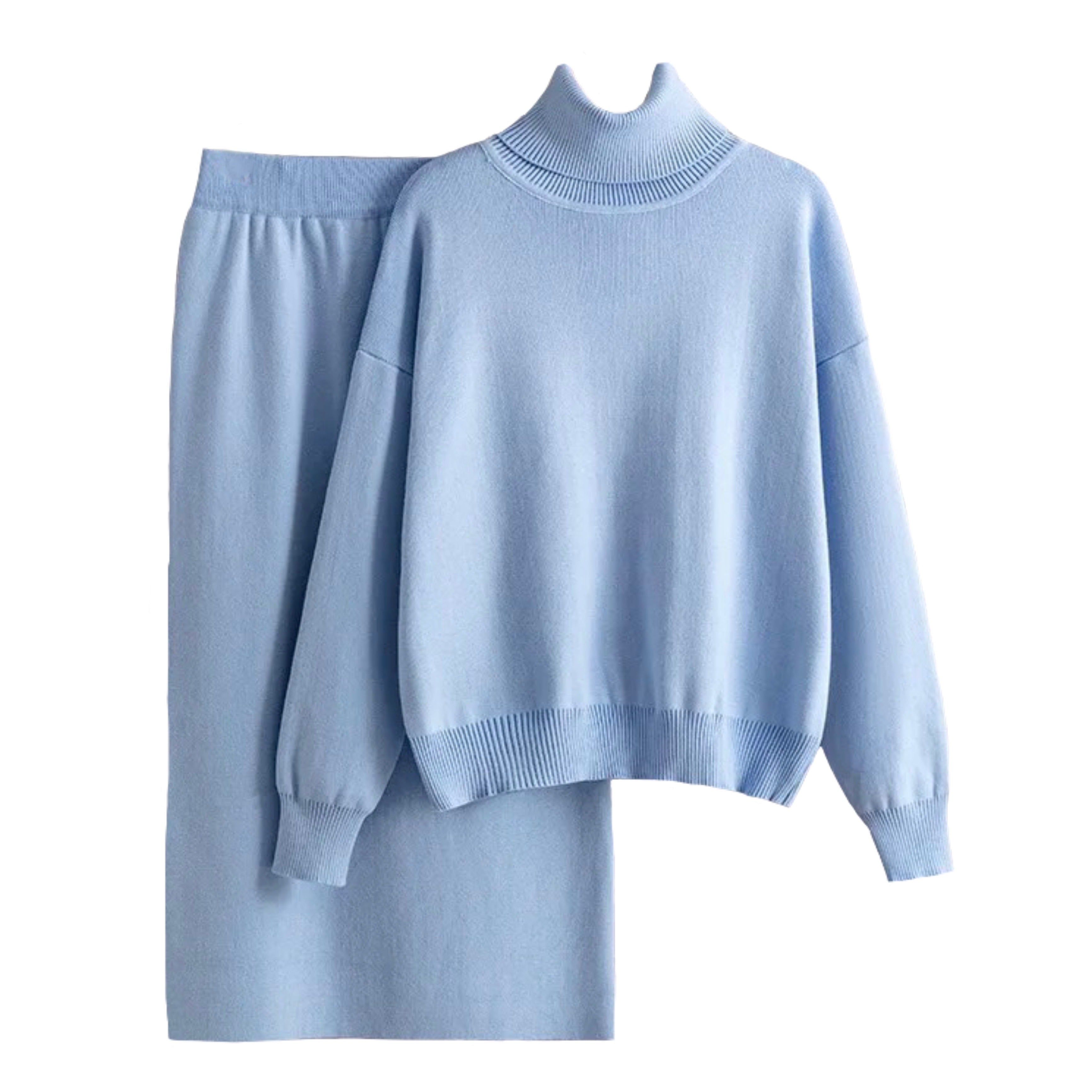 Light Blue Knit Woolen Turtleneck Long Sleeve Sweater Maxi Skirt 2 P DAZEY HILL