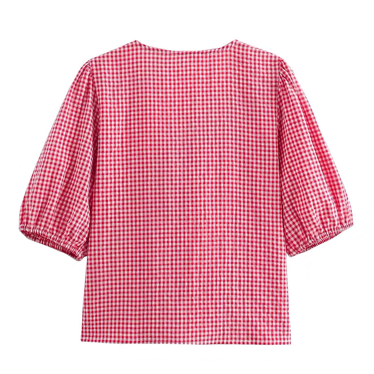 Red Gingham Bow Lace Up Short Puff Sleeve Blouse Top