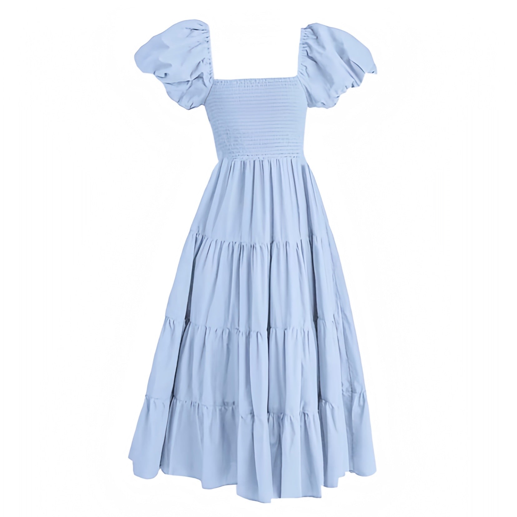 Women's Light Blue Smocked Tiered Short Puff Sleeve Maxi Dress