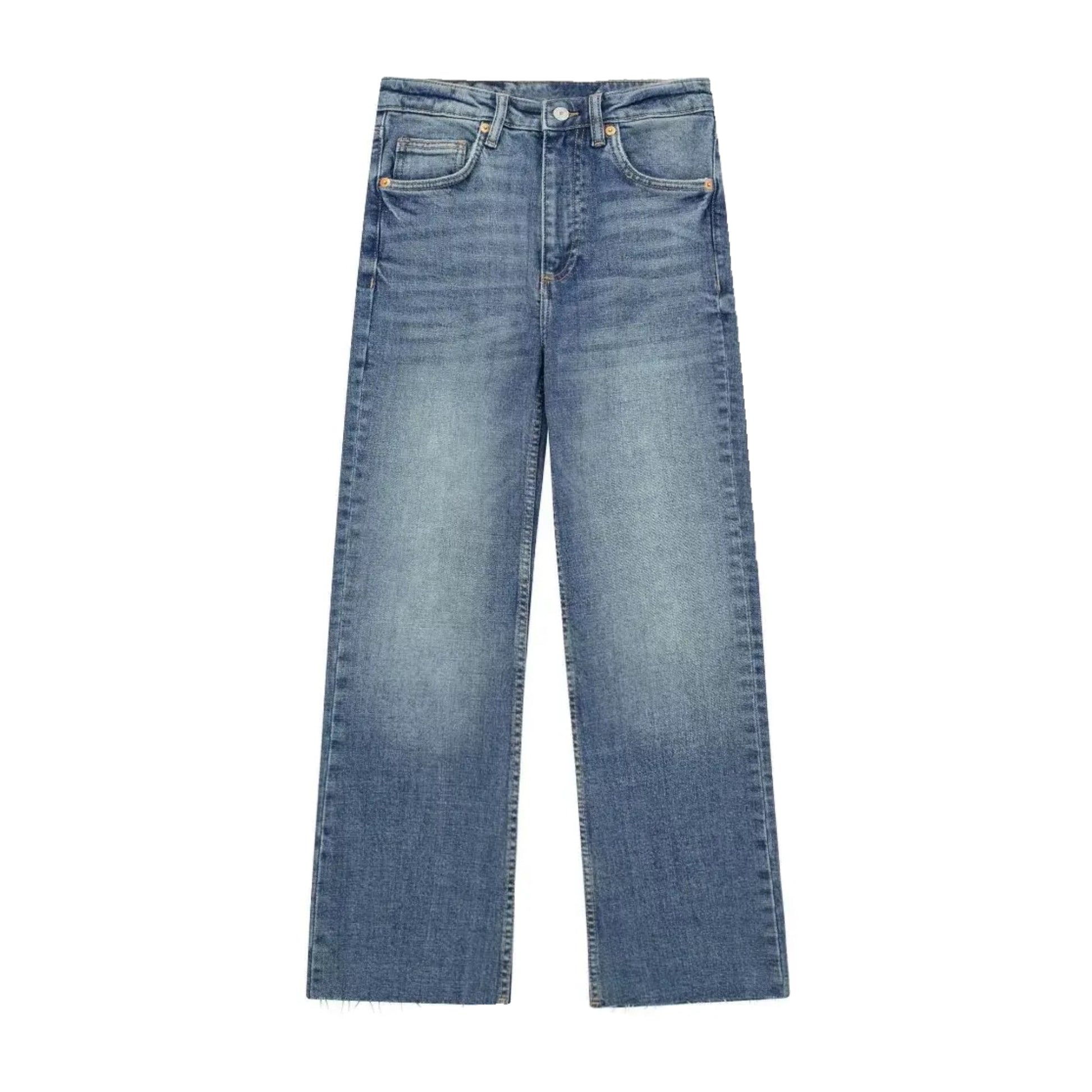 Dark blue bleach washed faded wide leg denim jeans for women featuring a mid-rise fit, relaxed wide leg silhouette, and full-length design. Crafted from soft cotton blend denim with a dark vintage wash and subtle bleach fade for a worn-in look. Perfect for casual minimalist outfits, classic streetwear, or Scandinavian-inspired fashion. Ideal for all seasons — spring, summer, fall, and winter 2025. Ships globally and worldwide to the US, UK, Canada, Australia, and Europe.