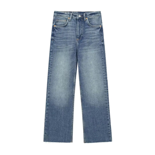 Dark blue bleach washed faded wide leg denim jeans for women featuring a mid-rise fit, relaxed wide leg silhouette, and full-length design. Crafted from soft cotton blend denim with a dark vintage wash and subtle bleach fade for a worn-in look. Perfect for casual minimalist outfits, classic streetwear, or Scandinavian-inspired fashion. Ideal for all seasons — spring, summer, fall, and winter 2025. Ships globally and worldwide to the US, UK, Canada, Australia, and Europe.