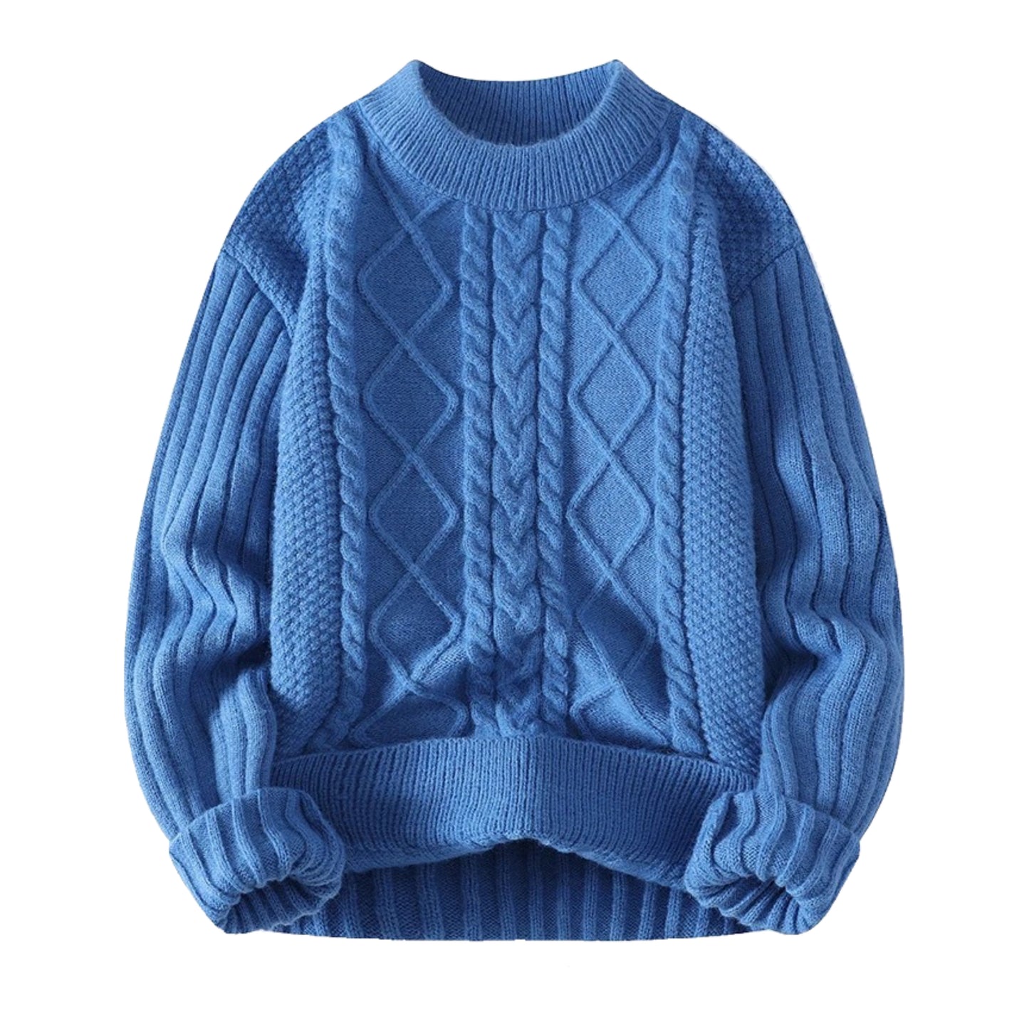 Dark blue cable knit long sleeve crewneck pullover sweater for women and teens, soft cozy chunky knitted jumper with geometric patterned texture and round neckline, thick warm knitwear for fall autumn winter 2025, elegant feminine Scandinavian streetwear, Zara and Aritzia dupe style, preppy old-money inspired soft-girl fashion, perfect for après ski, snow day, and ski trip outfits, ships globally and worldwide to US, UK, Canada, Europe, Australia, and Asia.