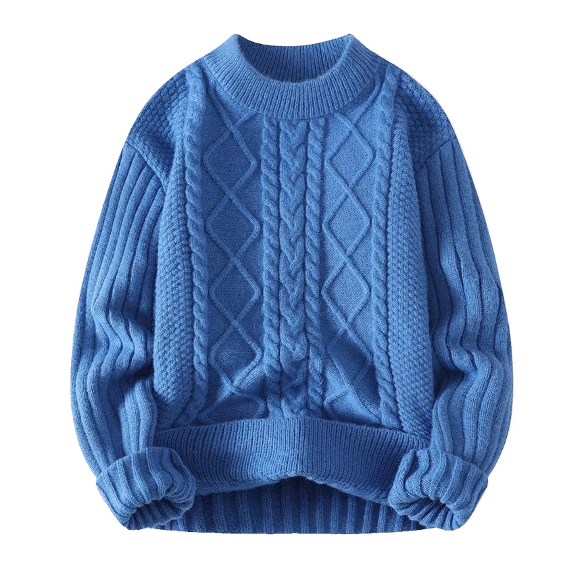 Dark blue cable knit long sleeve crewneck pullover sweater for women and teens, soft cozy chunky knitted jumper with geometric patterned texture and round neckline, thick warm knitwear for fall autumn winter 2025, elegant feminine Scandinavian streetwear, Zara and Aritzia dupe style, preppy old-money inspired soft-girl fashion, perfect for après ski, snow day, and ski trip outfits, ships globally and worldwide to US, UK, Canada, Europe, Australia, and Asia.