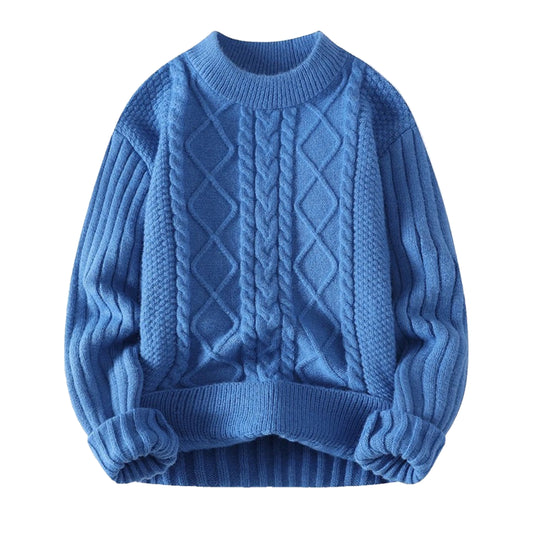 Dark blue cable knit long sleeve crewneck pullover sweater for women and teens, soft cozy chunky knitted jumper with geometric patterned texture and round neckline, thick warm knitwear for fall autumn winter 2025, elegant feminine Scandinavian streetwear, Zara and Aritzia dupe style, preppy old-money inspired soft-girl fashion, perfect for après ski, snow day, and ski trip outfits, ships globally and worldwide to US, UK, Canada, Europe, Australia, and Asia.