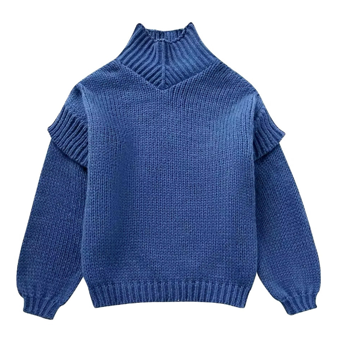 Dark Blue Chunky Knit Oversized Balloon Sleeve Turtleneck Pullover Sweater for women and teens. Soft, thick, cozy, warm ribbed knitwear with cuffed sleeves, high neck, and relaxed oversized fit. Stylish royal blue and navy knit jumper, perfect for fall, winter, and holiday fashion. Feminine, trendy, elegant Scandinavian knitwear for school, evening, or casual looks. Ships globally and worldwide to US, UK, Canada, Australia, Europe, Asia, and more.
