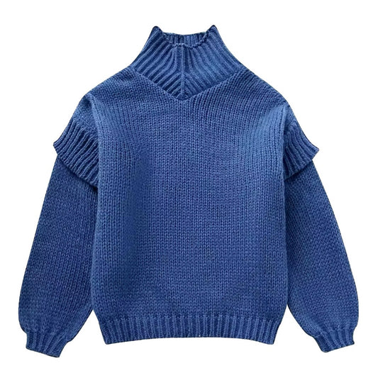 Dark Blue Chunky Knit Oversized Balloon Sleeve Turtleneck Pullover Sweater for women and teens. Soft, thick, cozy, warm ribbed knitwear with cuffed sleeves, high neck, and relaxed oversized fit. Stylish royal blue and navy knit jumper, perfect for fall, winter, and holiday fashion. Feminine, trendy, elegant Scandinavian knitwear for school, evening, or casual looks. Ships globally and worldwide to US, UK, Canada, Australia, Europe, Asia, and more.