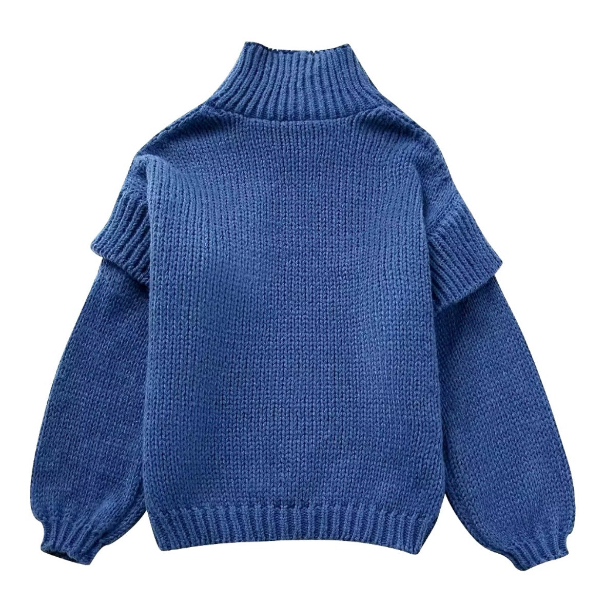 Dark Blue Chunky Knit Oversized Balloon Sleeve Turtleneck Pullover Sweater for women and teens. Soft, thick, cozy, warm ribbed knitwear with cuffed sleeves, high neck, and relaxed oversized fit. Stylish royal blue and navy knit jumper, perfect for fall, winter, and holiday fashion. Feminine, trendy, elegant Scandinavian knitwear for school, evening, or casual looks. Ships globally and worldwide to US, UK, Canada, Australia, Europe, Asia, and more.