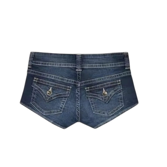 Dark blue faded low-rise Y2K denim jean mini booty shorts slim fit with pockets, peachy bottom vintage retro sexy western country style shorts, chic trendy cute casual festival wear club wear night out women’s and teens summer 2025 outfits, international shipping USA, Canada, UK, Australia, France, Germany, Spain, Italy, Denmark, Asia.