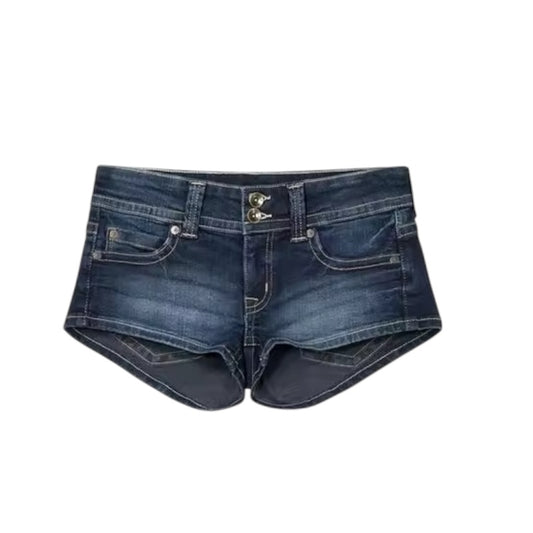 Dark blue faded low-rise Y2K denim jean mini booty shorts slim fit with pockets, peachy bottom vintage retro sexy western country style shorts, chic trendy cute casual festival wear club wear night out women’s and teens summer 2025 outfits, international shipping USA, Canada, UK, Australia, France, Germany, Spain, Italy, Denmark, Asia.