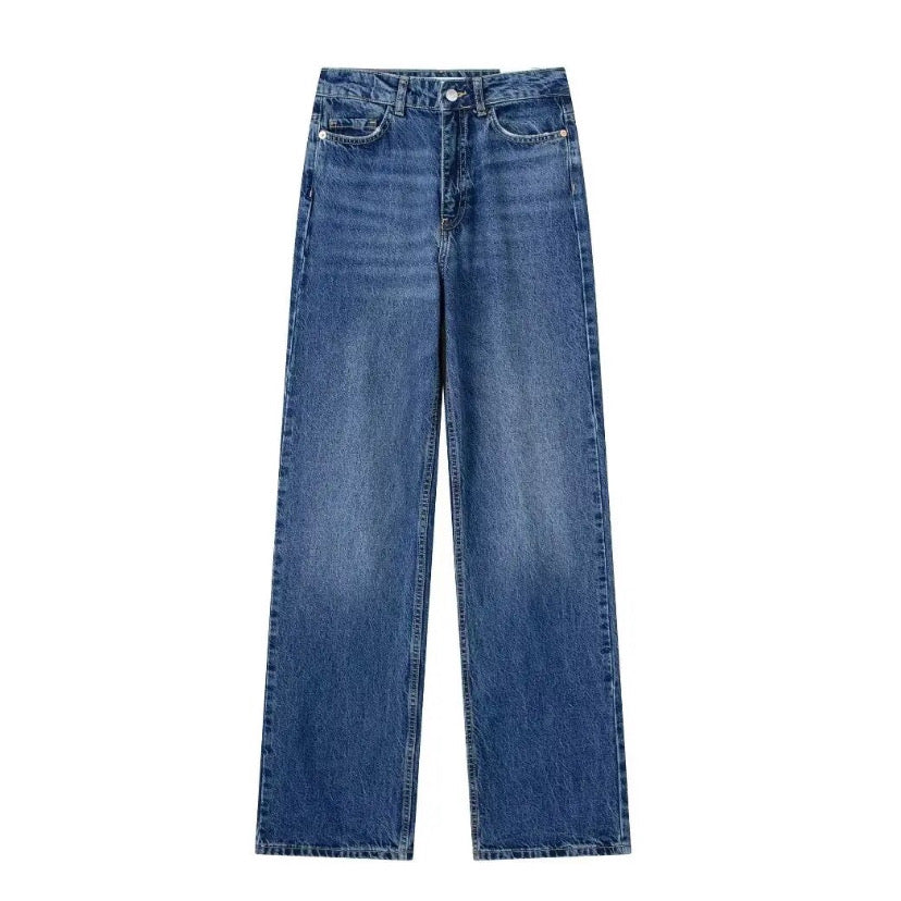 Dark blue faded wide leg denim jeans for women featuring a mid-rise waist, relaxed fit, and full-length straight leg silhouette. Made from soft, durable cotton blend denim with a vintage-inspired dark wash for an effortlessly chic look. Perfect for casual streetwear, minimalist outfits, or classic fashion styling. Great for all seasons — fall, winter, spring, and summer 2025. Ships globally and worldwide to the US, UK, Canada, Europe, and Australia.