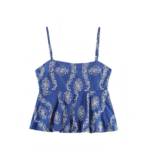 Dark Blue Navy White Floral Eyelet Embroidered Ruffled Crop Tank Top with Geometric Patterned Crochet Slim Fit Peplum Flared Ruffle Trim Plissé Pleated Square Neckline Sleeveless Backless Spaghetti Strap Tank Top Blouse for Women and Teens Summer 2025 Fashion