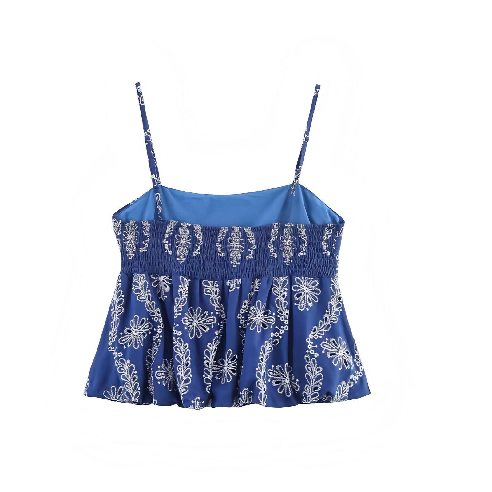 Dark Blue Navy White Floral Eyelet Embroidered Ruffled Crop Tank Top with Geometric Patterned Crochet Slim Fit Peplum Flared Ruffle Trim Plissé Pleated Square Neckline Sleeveless Backless Spaghetti Strap Tank Top Blouse for Women and Teens Summer 2025 Fashion