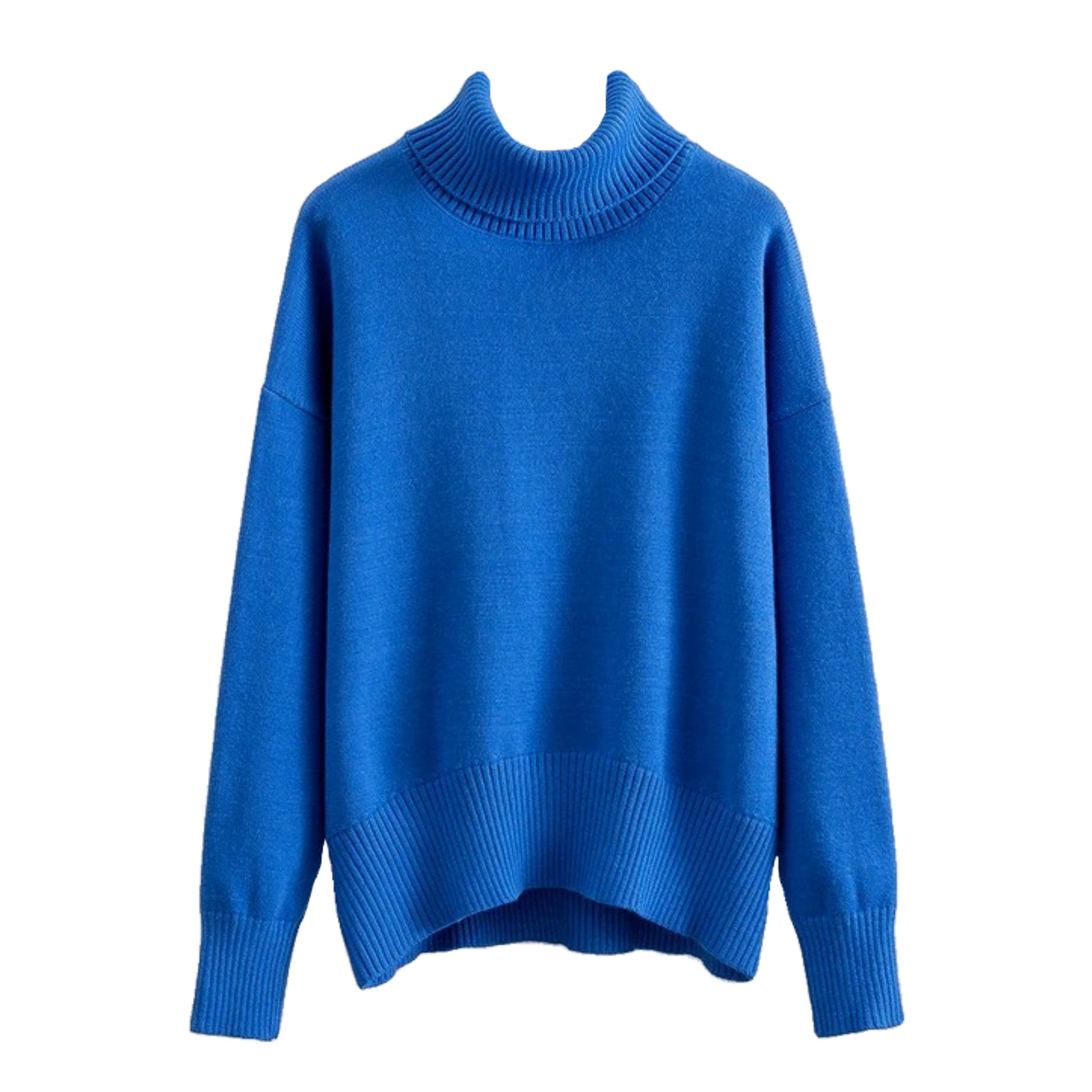Dark Blue Knit Woolen Turtleneck Oversized Pullover Sweater for women and teens. Soft, cozy, warm ribbed knitwear with relaxed oversized fit and thick woolen texture. Elegant and trendy royal blue chunky knit jumper perfect for fall, winter, and holiday outfits. Feminine Scandinavian, soft girl, clean girl, and preppy aesthetic sweater. Ships globally and worldwide to the US, UK, Canada, Australia, Europe, Asia, and more.