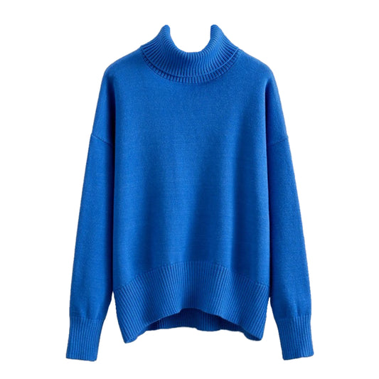 Dark Blue Knit Woolen Turtleneck Oversized Pullover Sweater for women and teens. Soft, cozy, warm ribbed knitwear with relaxed oversized fit and thick woolen texture. Elegant and trendy royal blue chunky knit jumper perfect for fall, winter, and holiday outfits. Feminine Scandinavian, soft girl, clean girl, and preppy aesthetic sweater. Ships globally and worldwide to the US, UK, Canada, Australia, Europe, Asia, and more.