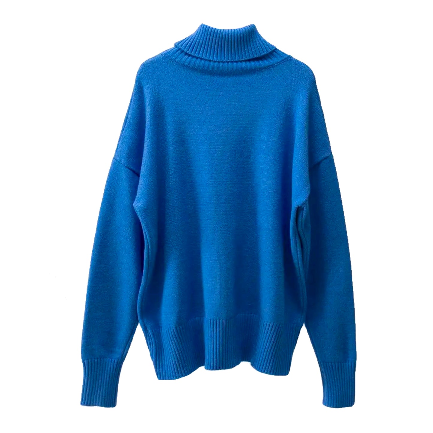 Dark Blue Knit Woolen Turtleneck Oversized Pullover Sweater for women and teens. Soft, cozy, warm ribbed knitwear with relaxed oversized fit and thick woolen texture. Elegant and trendy royal blue chunky knit jumper perfect for fall, winter, and holiday outfits. Feminine Scandinavian, soft girl, clean girl, and preppy aesthetic sweater. Ships globally and worldwide to the US, UK, Canada, Australia, Europe, Asia, and more.