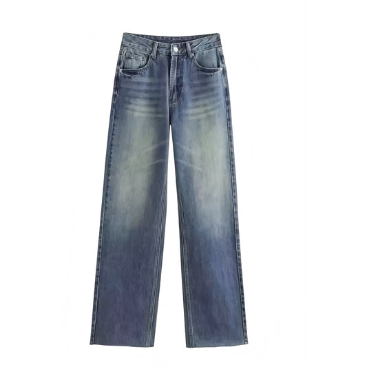 Dark blue retro bleach washed mid-rise wide leg denim jeans featuring soft cotton blend denim, faded light wash finish, relaxed straight leg silhouette, mid-low waisted fit, full-length cropped style, flattering peachy bottom shape, front and back pockets, vintage Scandinavian streetwear aesthetic womens jeans with worldwide shipping