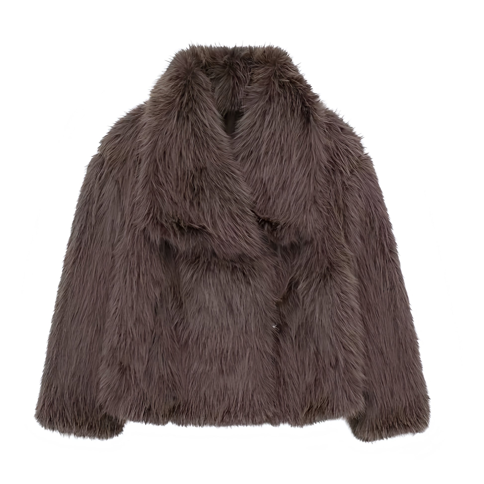 Dark brown faux fur oversized long sleeve jacket for women and teens, espresso brown fuzzy soft cozy warm thick satin lined luxury fur coat with collared v-neck split neck, elegant feminine trendy Y2K chic outerwear for fall autumn winter 2025, stylish Scandinavian Copenhagen streetwear ski outfit après ski night out cool girl it girl party festival look, with global worldwide shipping to US UK Canada Australia Europe and Asia.