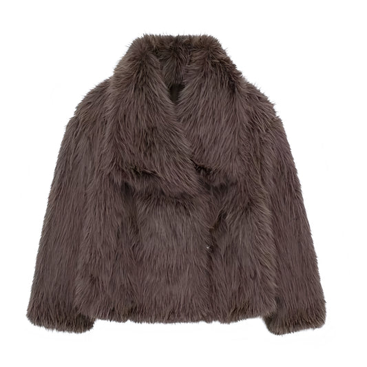 Dark brown faux fur oversized long sleeve jacket for women and teens, espresso brown fuzzy soft cozy warm thick satin lined luxury fur coat with collared v-neck split neck, elegant feminine trendy Y2K chic outerwear for fall autumn winter 2025, stylish Scandinavian Copenhagen streetwear ski outfit après ski night out cool girl it girl party festival look, with global worldwide shipping to US UK Canada Australia Europe and Asia.