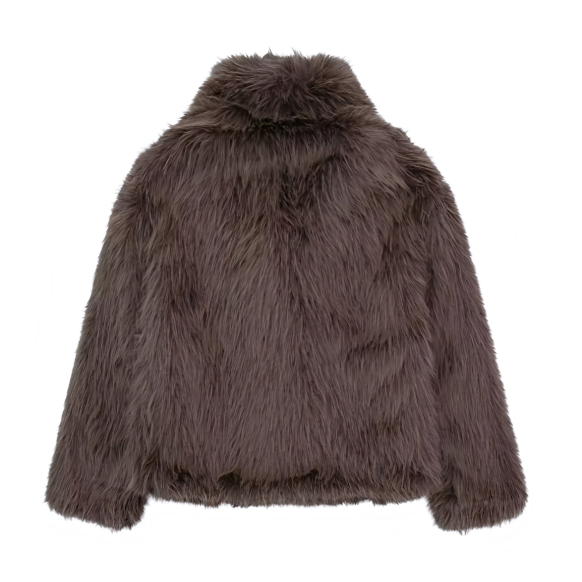 Dark brown faux fur oversized long sleeve jacket for women and teens, espresso brown fuzzy soft cozy warm thick satin lined luxury fur coat with collared v-neck split neck, elegant feminine trendy Y2K chic outerwear for fall autumn winter 2025, stylish Scandinavian Copenhagen streetwear ski outfit après ski night out cool girl it girl party festival look, with global worldwide shipping to US UK Canada Australia Europe and Asia.