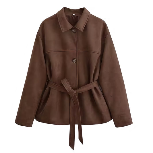 Dark brown faux suede leather button-down long sleeve jacket with belt for women and teens, soft espresso brown luxury coat with collared v-neck split neckline and waist cincher, feminine trendy Y2K chic retro western vintage fashionable outerwear for fall autumn winter 2025, Scandinavian Copenhagen streetwear and old money style Zara dupe and Aritzia inspired look with global worldwide shipping to US UK Canada Australia Europe and Asia.
