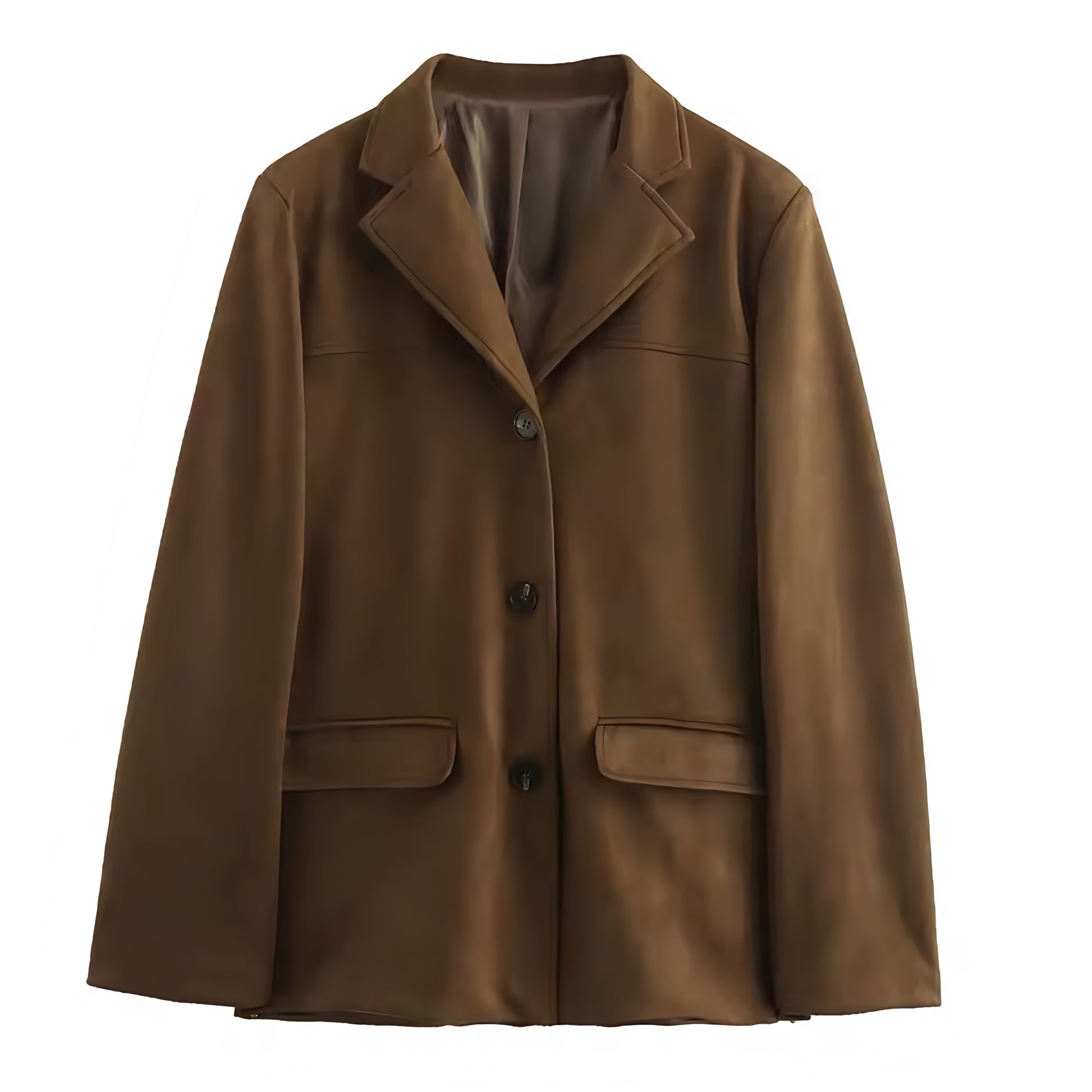 Dark brown faux suede leather oversized button-down long sleeve jacket for women and teens, soft cozy warm thick luxury coat with collared v-neck design and split neckline, vintage retro western elegant chic trendy outerwear for fall autumn winter 2025, feminine Scandinavian Copenhagen streetwear and old money style Zara dupe and Aritzia-inspired look, with global worldwide shipping to US UK Canada Australia Europe and Asia.