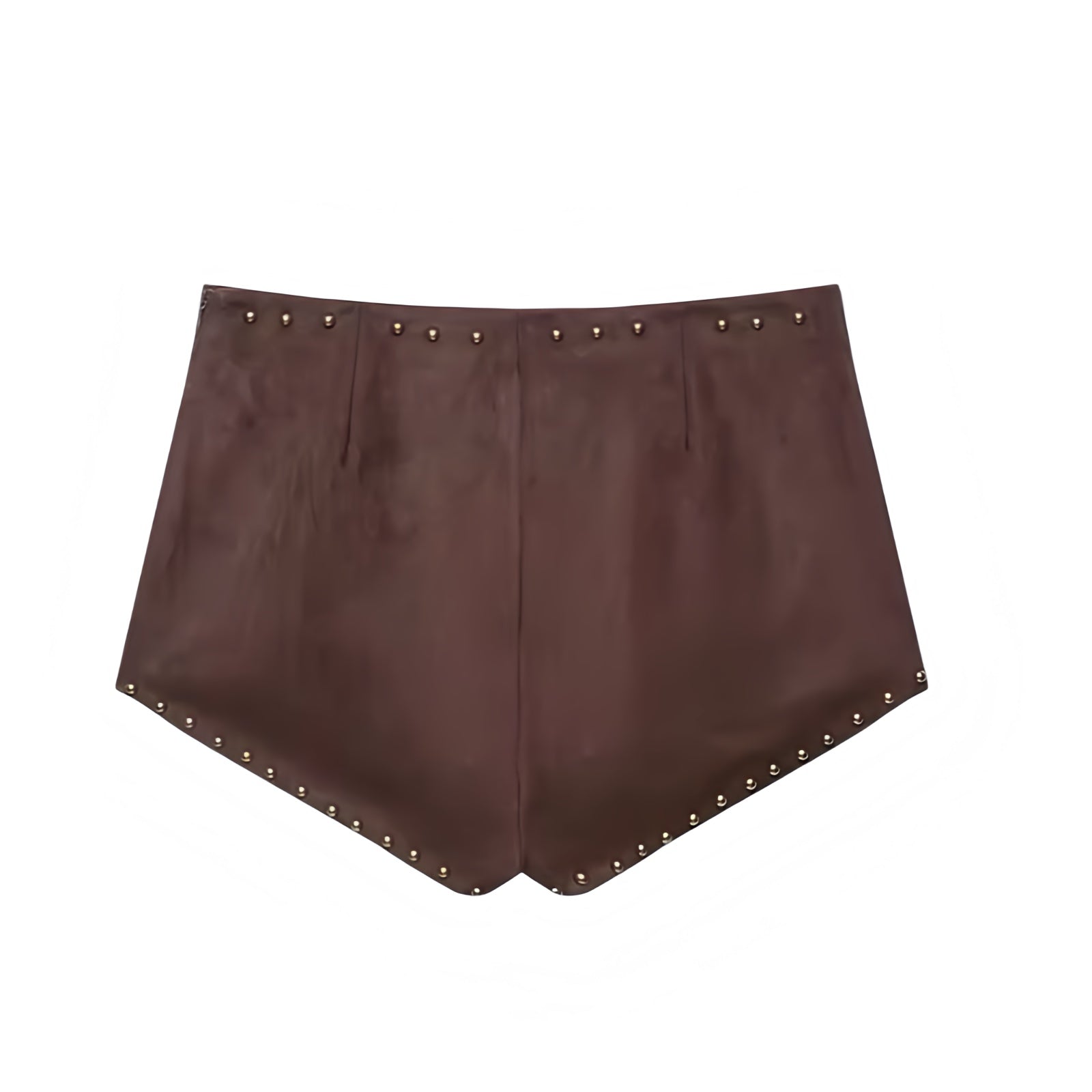 Dark brown faux suede studded slim fit skinny low-rise mini micro booty short shorts for women, teens, and ladies. Sexy tight fitting vintage retro western cowgirl Y2K fashion shorts. Perfect for casual chic outfits, evening party wear, going out, club wear, rave, festival, concert, boho chic, street style, Halloween, adults costume, halloweekend 2025. Available with global worldwide shipping to US, Australia, New Zealand, UK, Canada, Europe, Asia, Germany, France, Spain, Italy, and more.