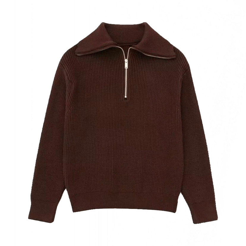 Dark brown knitted quarter-zip pullover sweater for women and teens, soft ribbed chunky knit with collared neckline and silver zipper, cozy oversized thick warm knitwear perfect for fall autumn winter 2025, Scandinavian minimalist fashion inspired by Zara and Aritzia dupe styles, elegant chic trendy streetwear sweater with global worldwide shipping to US, UK, Canada, Europe, Australia, and Asia.