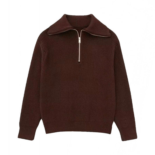 Dark brown knitted quarter-zip pullover sweater for women and teens, soft ribbed chunky knit with collared neckline and silver zipper, cozy oversized thick warm knitwear perfect for fall autumn winter 2025, Scandinavian minimalist fashion inspired by Zara and Aritzia dupe styles, elegant chic trendy streetwear sweater with global worldwide shipping to US, UK, Canada, Europe, Australia, and Asia.