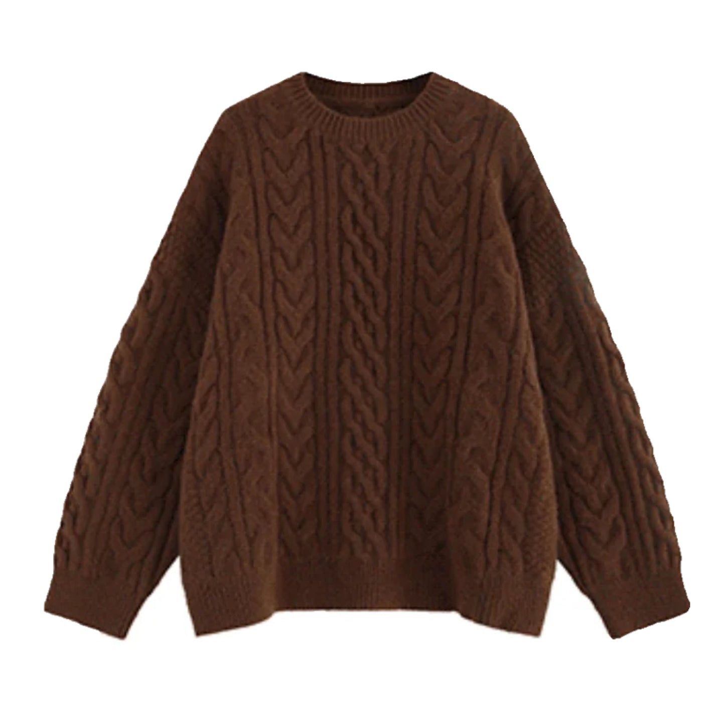 Dark brown oversized cable knit long sleeve crewneck pullover sweater for women and teens, soft cozy chunky knit jumper with round neckline and baggy relaxed fit, thick warm knitwear for fall autumn winter 2025, elegant feminine old money and preppy style, inspired by Zara and Aritzia dupe sweaters, perfect for après ski, snow day, and ski trip outfits, Scandinavian and Stockholm streetwear look, ships globally worldwide to US, UK, Canada, Europe, Australia, and Asia.