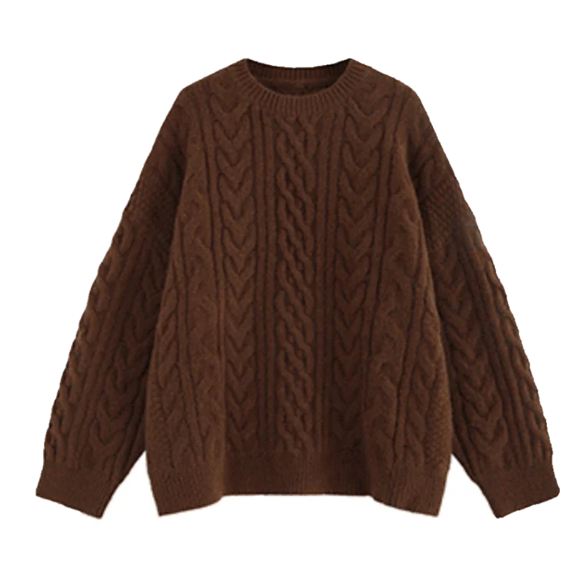 Dark brown oversized cable knit long sleeve crewneck pullover sweater for women and teens, soft cozy chunky knit jumper with round neckline and baggy relaxed fit, thick warm knitwear for fall autumn winter 2025, elegant feminine old money and preppy style, inspired by Zara and Aritzia dupe sweaters, perfect for après ski, snow day, and ski trip outfits, Scandinavian and Stockholm streetwear look, ships globally worldwide to US, UK, Canada, Europe, Australia, and Asia.