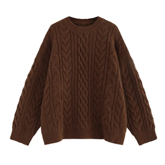 Dark brown oversized cable knit long sleeve crewneck pullover sweater for women and teens, soft cozy chunky knit jumper with round neckline and baggy relaxed fit, thick warm knitwear for fall autumn winter 2025, elegant feminine old money and preppy style, inspired by Zara and Aritzia dupe sweaters, perfect for après ski, snow day, and ski trip outfits, Scandinavian and Stockholm streetwear look, ships globally worldwide to US, UK, Canada, Europe, Australia, and Asia.
