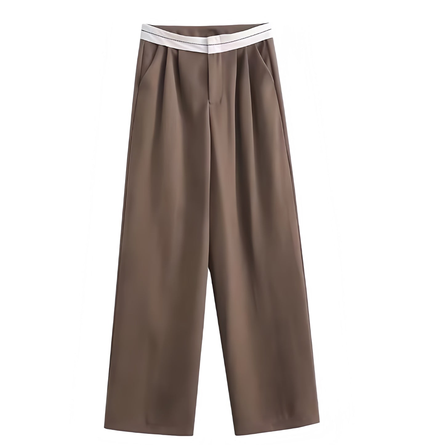 Dark brown and white mid-rise pleated straight leg tailored trouser pants for women featuring a sporty contrast waistband and smooth woven fabric. Sleek, structured, and chic with a refined finish and modern sport-luxe influence. Perfect for streetwear, office siren, or Scandinavian minimalist style. Designed for everyday, evening, or capsule wardrobe looks. Ships globally to the US, UK, Canada, Australia, and Europe.