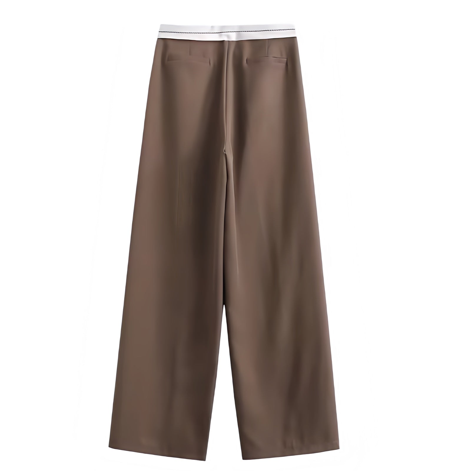 Dark brown and white mid-rise pleated straight leg tailored trouser pants for women featuring a sporty contrast waistband and smooth woven fabric. Sleek, structured, and chic with a refined finish and modern sport-luxe influence. Perfect for streetwear, office siren, or Scandinavian minimalist style. Designed for everyday, evening, or capsule wardrobe looks. Ships globally to the US, UK, Canada, Australia, and Europe.