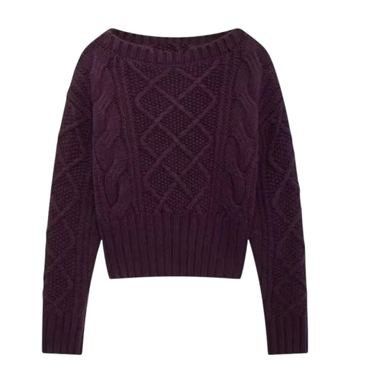 Dark burgundy red cable knit long sleeve pullover sweater for women and teens, maroon plum woolen chunky knit cozy warm soft fuzzy jumper with round neckline crewneck design, feminine elegant trendy casual preppy fashionable knitwear for fall autumn winter 2025, Scandinavian Stockholm streetwear inspired holiday and Christmas sweater, with global worldwide shipping to US UK Canada Australia Europe and Asia.
