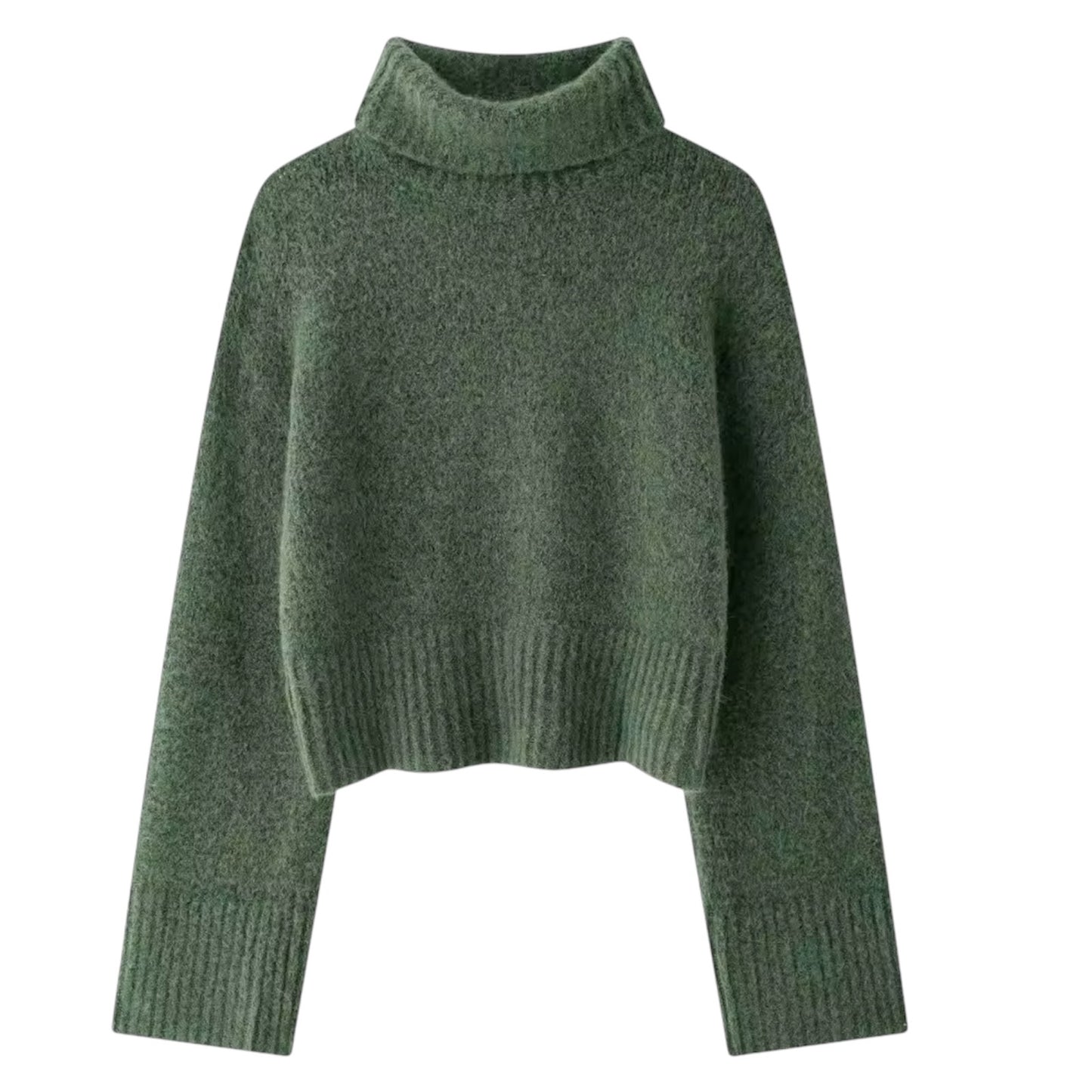 Dark green knit woolen oversized long sleeve cropped turtleneck pullover sweater for women and teens, matcha green chunky knit soft fuzzy cozy warm thick cropped jumper, elegant feminine trendy casual preppy chic streetwear knitwear for fall autumn winter 2025, Aritzia dupe and Zara-inspired Scandinavian après ski sweater, with global worldwide shipping to US UK Canada Australia Europe and Asia from Dazey Hill.