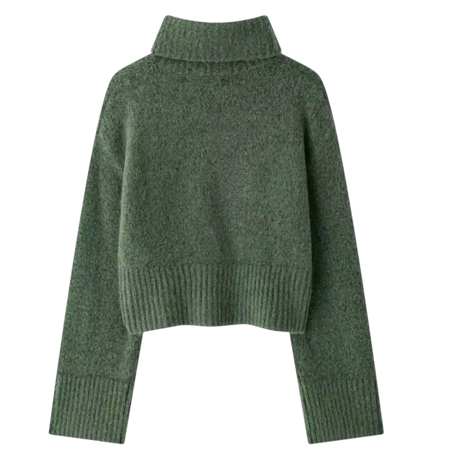 Dark green knit woolen oversized long sleeve cropped turtleneck pullover sweater for women and teens, matcha green chunky knit soft fuzzy cozy warm thick cropped jumper, elegant feminine trendy casual preppy chic streetwear knitwear for fall autumn winter 2025, Aritzia dupe and Zara-inspired Scandinavian après ski sweater, with global worldwide shipping to US UK Canada Australia Europe and Asia from Dazey Hill.