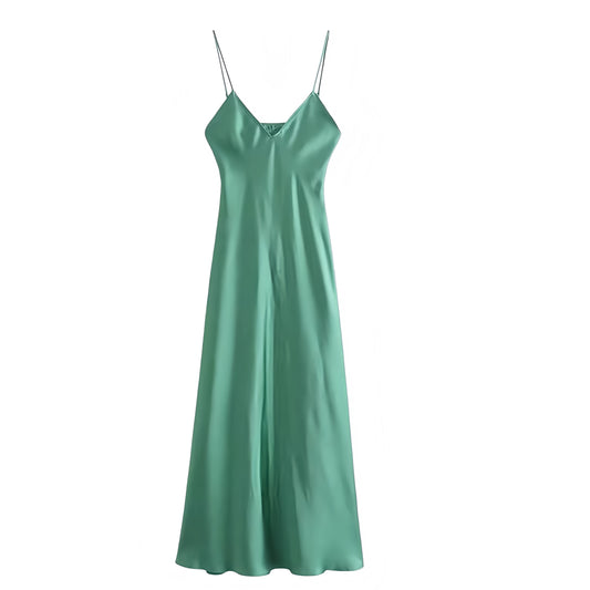 Dark Green Satin Bodycon V-Neck Spaghetti Strap Backless Maxi Slip Dress. Slim fit bodycon silhouette with elegant satin finish, sexy sleeveless spaghetti straps, deep V-neckline, and sophisticated maxi slip sundress design. Perfect evening gown for women, teens, and ladies who love chic feminine fashion for holidays, vacations, sorority rush, prom, hoco, homecoming, elegant formal wear, night out, parties, and going-out looks. Ships worldwide to US, UK, Canada, Australia, Europe, Asia & more.