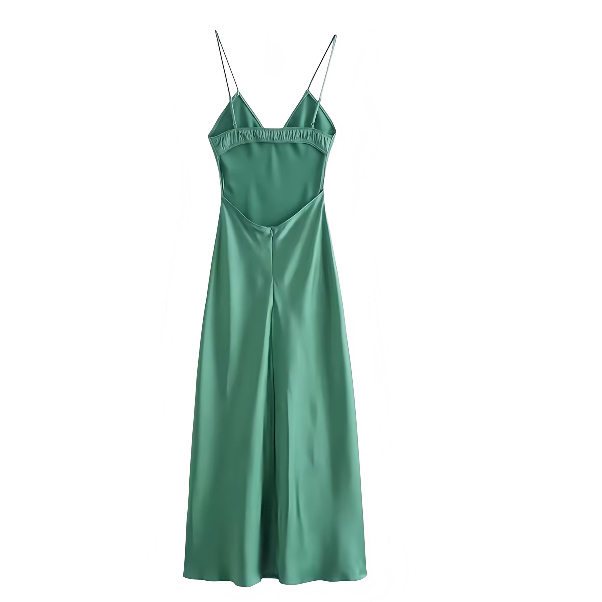 Dark Green Satin Bodycon V-Neck Spaghetti Strap Backless Maxi Slip Dress. Slim fit bodycon silhouette with elegant satin finish, sexy sleeveless spaghetti straps, deep V-neckline, and sophisticated maxi slip sundress design. Perfect evening gown for women, teens, and ladies who love chic feminine fashion for holidays, vacations, sorority rush, prom, hoco, homecoming, elegant formal wear, night out, parties, and going-out looks. Ships worldwide to US, UK, Canada, Australia, Europe, Asia & more.