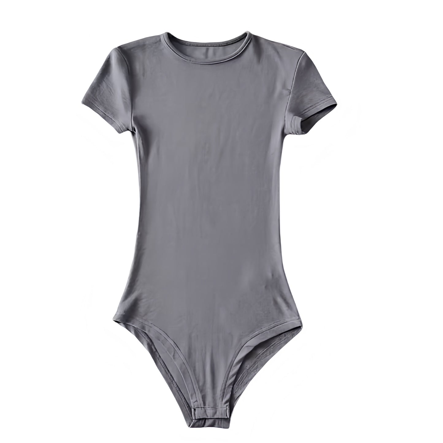 Dark grey bodycon short sleeve bodysuit made from soft, stretchy cotton blend fabric with a seamless and slim fitted silhouette. Features a crewneck neckline and smooth finish for a chic, minimalist, and flattering fit. Perfect for layering or as a casual neutral staple top. Ideal for all seasons and occasions. Ships globally and worldwide to the US, UK, Canada, Australia, New Zealand, Europe, and Asia.

