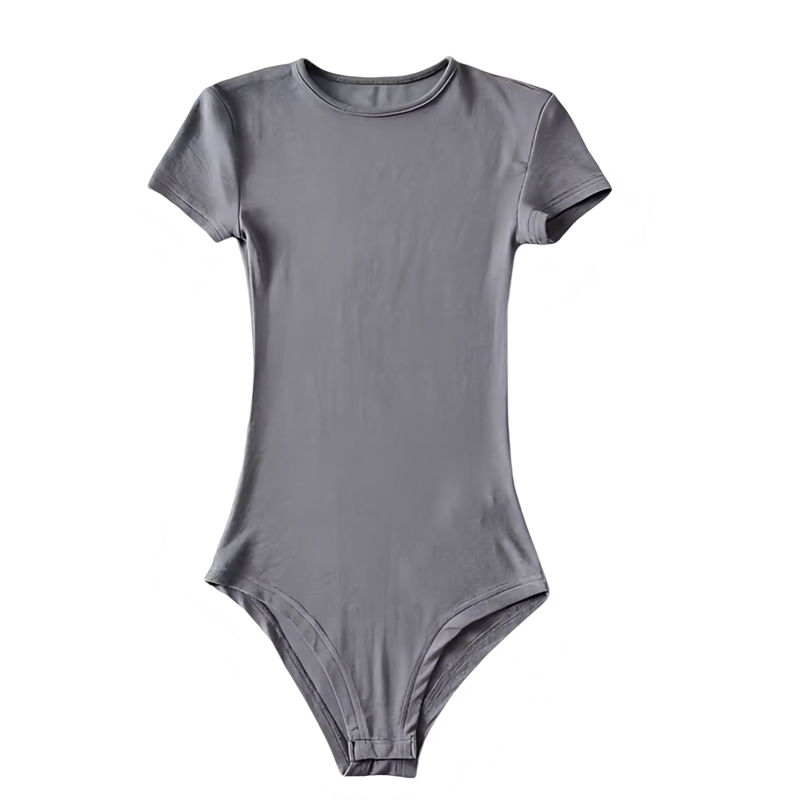 Dark grey bodycon short sleeve bodysuit made from soft, stretchy cotton blend fabric with a seamless and slim fitted silhouette. Features a crewneck neckline and smooth finish for a chic, minimalist, and flattering fit. Perfect for layering or as a casual neutral staple top. Ideal for all seasons and occasions. Ships globally and worldwide to the US, UK, Canada, Australia, New Zealand, Europe, and Asia.

