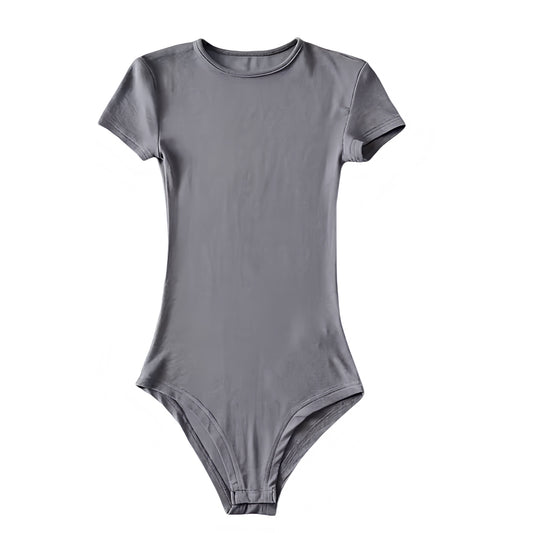Dark grey bodycon short sleeve bodysuit made from soft, stretchy cotton blend fabric with a seamless and slim fitted silhouette. Features a crewneck neckline and smooth finish for a chic, minimalist, and flattering fit. Perfect for layering or as a casual neutral staple top. Ideal for all seasons and occasions. Ships globally and worldwide to the US, UK, Canada, Australia, New Zealand, Europe, and Asia.

