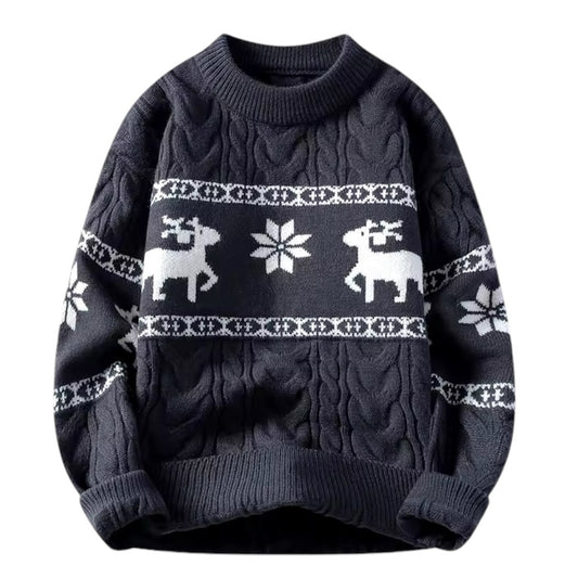 Dark grey cable knit reindeer snowflake geometric Fair Isle long sleeve pullover sweater with charcoal and white winter pattern, soft breathable chunky knit fabric, ribbed cuffs and hem and round crewneck neckline. Cozy warm winter knitwear for women and teens, ideal for Christmas parties, holiday outfits, apres ski style, snow trips, Scandinavian and Copenhagen street style fashion. Global worldwide shipping to US, Australia, New Zealand, UK, Canada, Europe, Asia and more.

