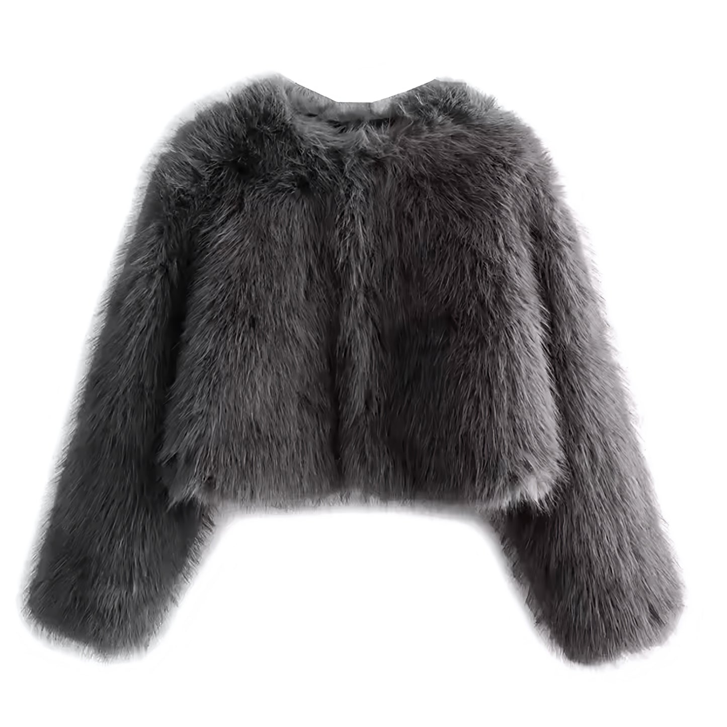 Dark grey faux fur cropped jacket for women and teens, satin lined fuzzy soft cozy warm thick oversized coat with long sleeves, elegant luxury charcoal grey fur jacket with crewneck split neck neckline, feminine chic Y2K trendy fashion outerwear for fall autumn winter 2025, stylish Copenhagen Scandinavian streetwear ski outfit apres ski party night out club wear festival, with global worldwide shipping to US UK Canada Australia Europe and Asia.