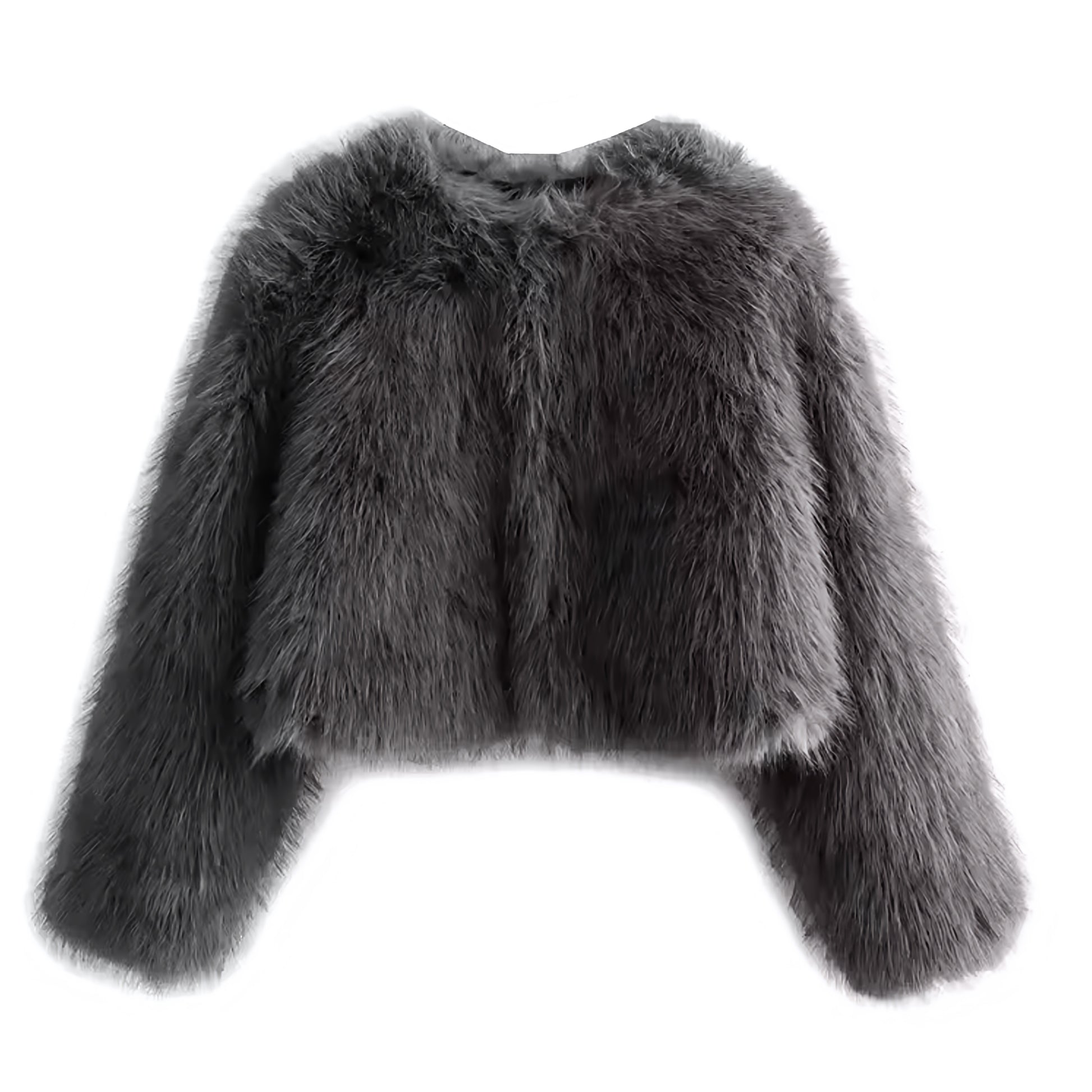 Dark grey faux fur cropped jacket for women and teens, satin lined fuzzy soft cozy warm thick oversized coat with long sleeves, elegant luxury charcoal grey fur jacket with crewneck split neck neckline, feminine chic Y2K trendy fashion outerwear for fall autumn winter 2025, stylish Copenhagen Scandinavian streetwear ski outfit apres ski party night out club wear festival, with global worldwide shipping to US UK Canada Australia Europe and Asia.
